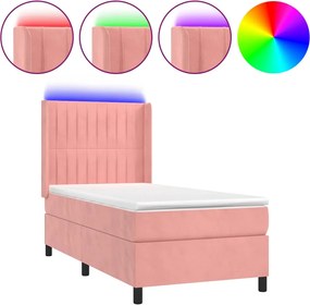 vidaXL Pat cu arcuri, saltea și LED, roz, 90x190 cm, catifea