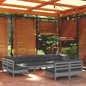 3097201 vidaXL Set mobilier de grădină cu perne, 9 piese, gri, lemn masiv pin