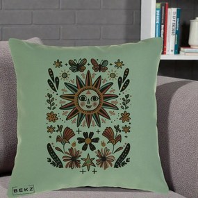 Perna Decorativa Soare Boho Folk Fluturi, 40x40 cm, Verde, Husa Detasabila, Perna Inclusa, BEKZ®
