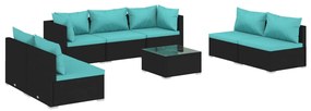 Set mobilier de gradina cu perne, 8 piese, negru, poliratan negru si albastru acvatic, 2x colt + 5x mijloc + masa, 1