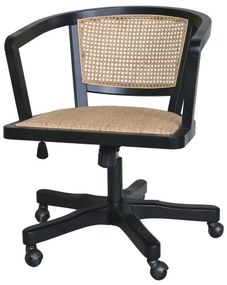 Scaun de birou, din lemn de mesteacan si rattan, negru, cu aspect vintage, Old French