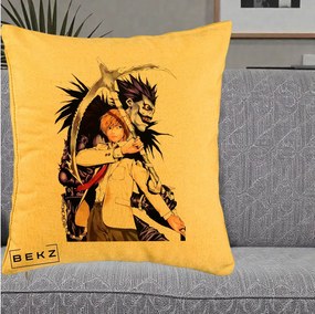 Perna Personalizata Death Note Light si Ryuk Duo, 40x40 cm, Galben, Husa Detasabila, Perna Inclusa, BEKZ®