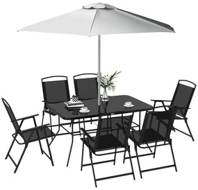 Outsunny Set de grădină cu Masă, 6 Scaune Pliante și Umbrelă de Soare cu Manivelă, Set pentru Exterior din 8 piese, 140x90x70 cm, Gri
