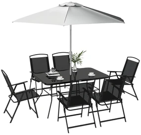 Outsunny Set de grădină cu Masă, 6 Scaune Pliante și Umbrelă de Soare cu Manivelă, Set pentru Exterior din 8 piese, 140x90x70 cm, Gri