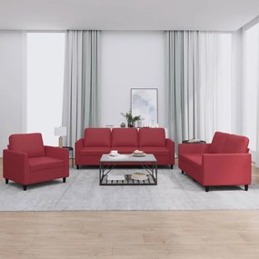 vidaXL Set de canapele cu perne, 3 piese, roșu vin, piele ecologică