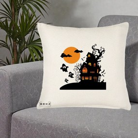 Perna Decorativa Halloween Casa Bantuita cu Fantome, 40x40 cm, Crem Reliefat, Husa Detasabila, Perna Inclusa, BEKZ®
