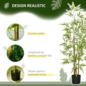 HOMCOM Set Plante Bambus Artificiale cu 3 Trunchiuri cu Ghiveci, Plante Artificiale din PP și Metal, 15x15x120 cm, Verde | Aosom Romania