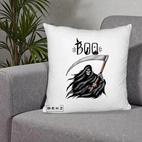 Perna Decorativa Halloween Boo Grim Reaper cu Coasa, 40x40 cm, Alb Pufos, Husa Detasabila, Perna Inclusa, BEKZ®