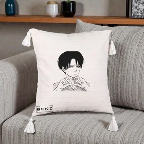 Perna Personalizata Levi Ackerman Inima, 40x40 cm, Bej cu Franjuri, Husa Detasabila, Perna Inclusa, BEKZ®