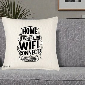 Perna Decorativa Home Is Where WiFi Connects, 40x40 cm, Crem Reliefat, Husa Detasabila, Perna Inclusa, BEKZ®