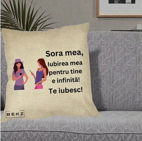 Cadou pentru Sora - Perna Personalizata Sora Mea Te Iubesc Doua Fete cu Telefoane, 40x40 cm, Crem, Husa Detasabila, Perna Inclusa, BEKZ®