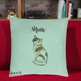 Perna Personalizata Pisica Meow Acuarela, 40x40 cm, Verde Menta, Husa Detasabila, Perna Inclusa, BEKZ®
