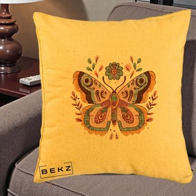 Perna Decorativa Fluture Boho Floral, 40x40 cm, Galben, Husa Detasabila, Perna Inclusa, BEKZ®