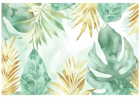 Tapet frunze pastelate verde-aurie