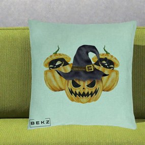 Perna Decorativa Trio Dovleci Jack-o-Lantern cu Palarie Vrajitoare, 40x40 cm, Verde Menta, Husa Detasabila, Perna Inclusa, BEKZ®