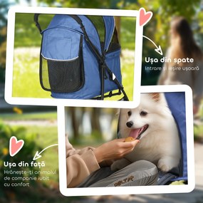 PawHut Cărucior pentru Animale cu Coș, Pernă și 2 Lese, 81x48x99 cm, Albastru Închis | Aosom Romania