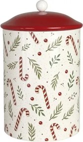 Cutie rotundă din tablă albă cu capac roșu, motiv de Crăciun, lucrată manual, 11 x 18,5 cm, „Elna Noël"