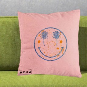 Perna Decorativa Smiley Face Tropical Albastru Glitter si Portocaliu, 40x40 cm, Roz, Husa Detasabila, Perna Inclusa, BEKZ®
