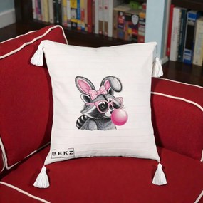 Perna Decorativa Raton cu Urechi de Iepure si Guma de Mestecat, 40x40 cm, Bej cu Franjuri, Husa Detasabila, Perna Inclusa, BEKZ®
