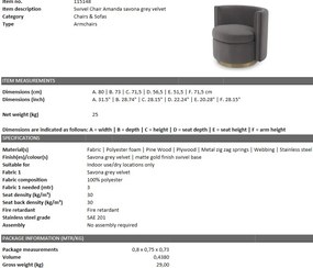 Fotoliu pivotant design elegant Amanda, catifea gri 115148 HZ