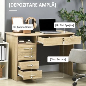 HOMCOM Birou Cameră sau Office Lemn cu 2 Sertare și 2 Chei, 110x50x76 cm, Stejar | Aosom Romania