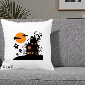 Perna Decorativa Halloween Casa Bantuita cu Fantome, 40x40 cm, Alba Mata, Husa Detasabila, Perna Inclusa, BEKZ®