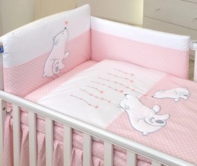 Set lenjerie din bumbac cu protectie laterala pentru pat bebelusi Bear Heart Pink 120x60 cm