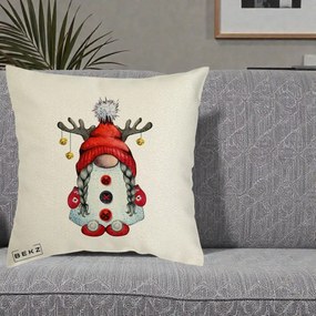 Perna Decorativa Pitic Gnom Craciun cu Coarne de Ren, 40x40 cm, Ecru, Husa Detasabila, Perna Inclusa, BEKZ®
