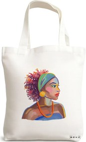 Sacosa de Panza pentru Cumparaturi, Geanta Tote, model Portret Vibrant 4, 38x34.5 cm, Alba, BEKZ®