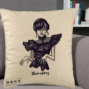 Perna Personalizata Wednesday Addams Dans Gotic, 40x40 cm, Bej, Husa Detasabila, Perna Inclusa, BEKZ®
