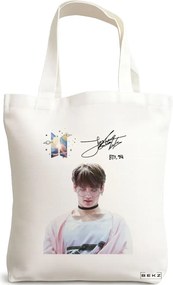 Sacosa de Panza pentru Cumparaturi, Geanta Tote, model BTS Jungkook 2, 38x34.5 cm, Alba, BEKZ®
