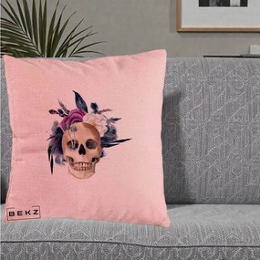 Perna Decorativa Craniu Floral cu Trandafiri si Ciuperci, 40x40 cm, Roz, Husa Detasabila, Perna Inclusa, BEKZ®