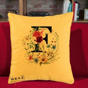 Cadou Personalizat - Perna Personalizata Monogram Litera F cu Flori Acuarela, 40x40 cm, Galben, Husa Detasabila, Perna Inclusa, BEKZ®