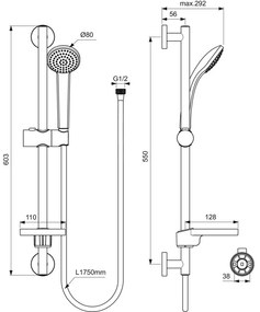 Set de dus Ideal Standard Idealrain Soft cu bara 60 cm, para dus o functie si furtun, crom lucios