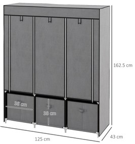 HOMCOM Șifonier din Pânză, Garderob Pliabil cu Rafturi și Sertare, Uși care se Rulează cu Fermoar, 125x43x162.5 cm, Gri | Aosom Romania