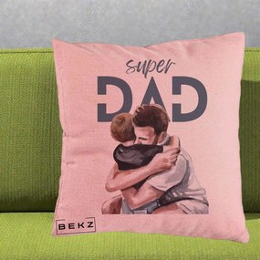 Cadou pentru Tata - Perna Personalizata Super Dad Tata si Fiu Imbratisare, 40x40 cm, Roz, Husa Detasabila, Perna Inclusa, BEKZ®