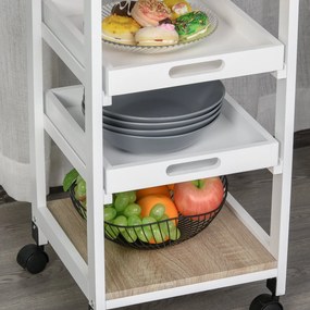 HOMCOM Carucior Bucatarie 4 Roti Sertar Cos Sarmă Tavite Detasabile Etajera Lemn Pin 37x37x82cm Alb | Aosom Romania