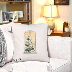 Perna Decorativa Fereastra cu Brad de Iarna, 40x40 cm, Bej cu Franjuri, Husa Detasabila, Perna Inclusa, BEKZ®