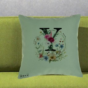 Cadou Personalizat - Perna Personalizata Monograma Florala Litera Y cu Coroana, 40x40 cm, Verde, Husa Detasabila, Perna Inclusa, BEKZ®