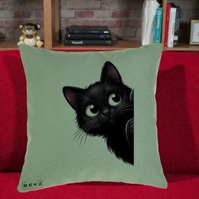 Perna Decorativa Pisica Neagra Dragalasa Curioasa, 40x40 cm, Verde, Husa Detasabila, Perna Inclusa, BEKZ®