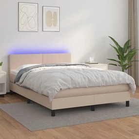 3134110 vidaXL Pat cu arcuri, saltea și LED, cappuccino, 140x200cm, piele eco