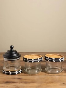 Set 3 borcane suprapuse din sticlă cu margini și capac din lemn de mango negru, model cu frunze stilizate albe, 42 × 14 cm, „Sylve"