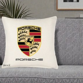 Perna Personalizata Porsche Stuttgart, 40x40 cm, Crem Reliefat, Husa Detasabila, Perna Inclusa, BEKZ®