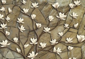 Fototapet - Magnolii albe pe zidărie de piatră (147x102 cm)