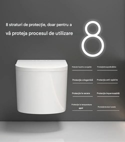 Vas toaletă inteligentă cu Bideu, Afișaj LED, Telecomandă, Sterilizare UV, Deschidere/Închidere automată, funcționare senzor picior, Control inteligent al Temperaturii, Uscare aer cald, Iluminare de noapte, Suspendat, Ceramică, Alb, 302