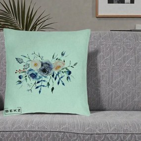 Perna Decorativa Buchet Flori Albastre Acuarela, 40x40 cm, Verde Menta, Husa Detasabila, Perna Inclusa, BEKZ®