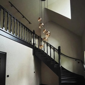 Lampă cu pandantiv Art Deco bronz închis cu sticlă chihlimbar cu 7 lumini - Sandra