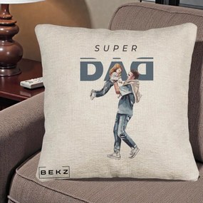 Cadou pentru Tata - Perna Personalizata Super DAD Tata si Fiica, 40x40 cm, Bej Canapea, Husa Detasabila, Perna Inclusa, BEKZ®