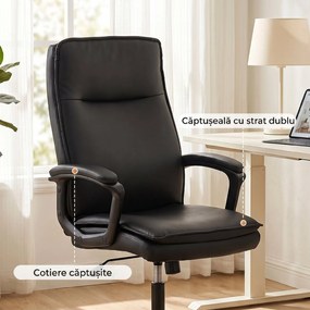 HOMCOM Scaun de Birou Rotativ din Piele PU, Funcție Legănare, Spătar Înalt, Reglabil pe Înălțime, Suportă 120 kg, Negru | Aosom Romania