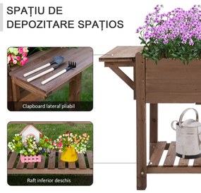 Outsunny Jardinieră Supraînălțată din Lemn | Grădinărit cu Raft Pliabil și Spațiu de Depozitare | 123x54x74 cm Maro | Aosom Romania